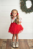 Kids Red & White Dot Pom Pom Christmas Tree Tulle Dress