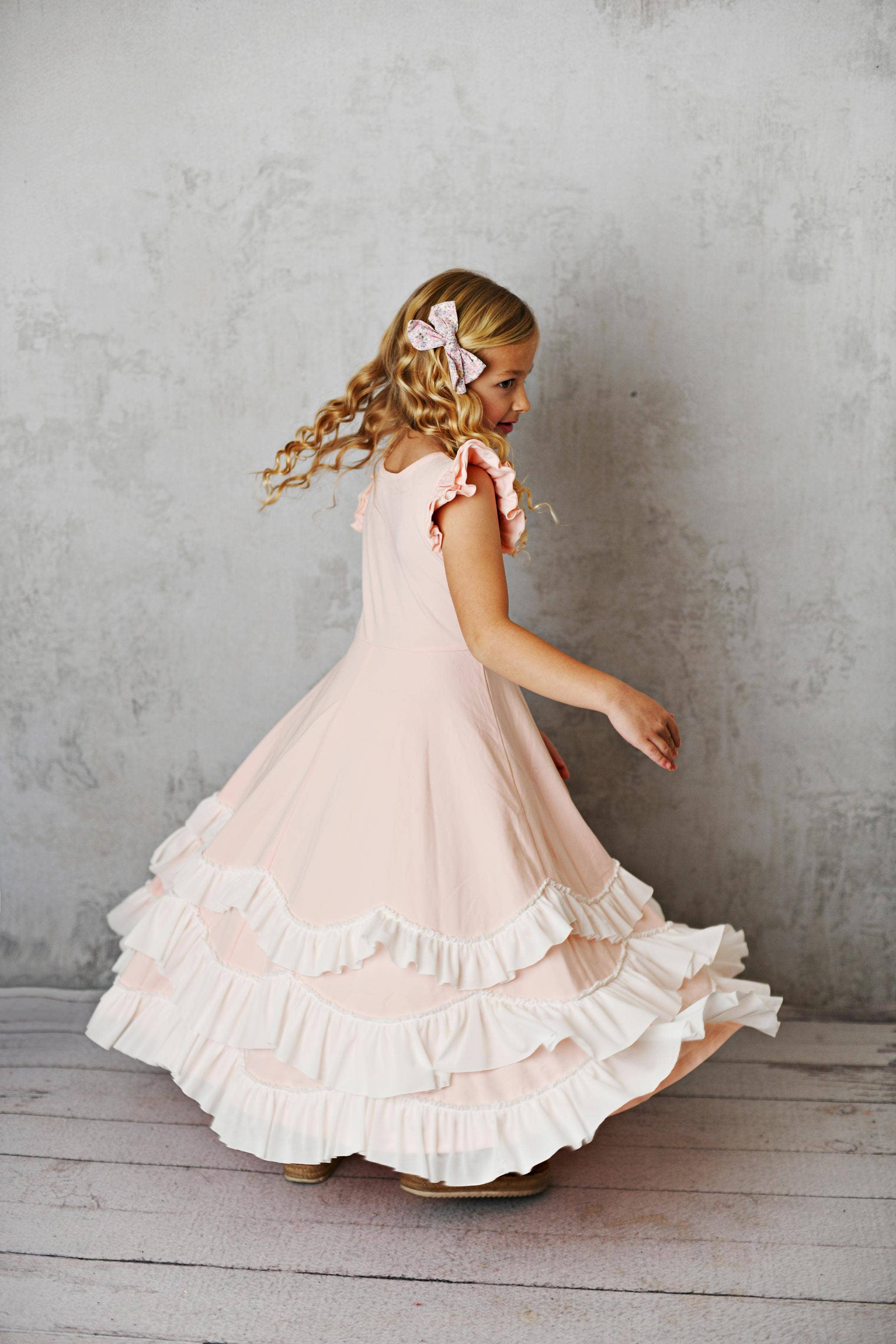 Kids Light Pink Ruffles Flutter Sleeve Rosette Spring Dress
