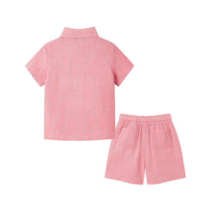 Kids Short Sleeve Buttondown & Short Set | Coral Seersucker
