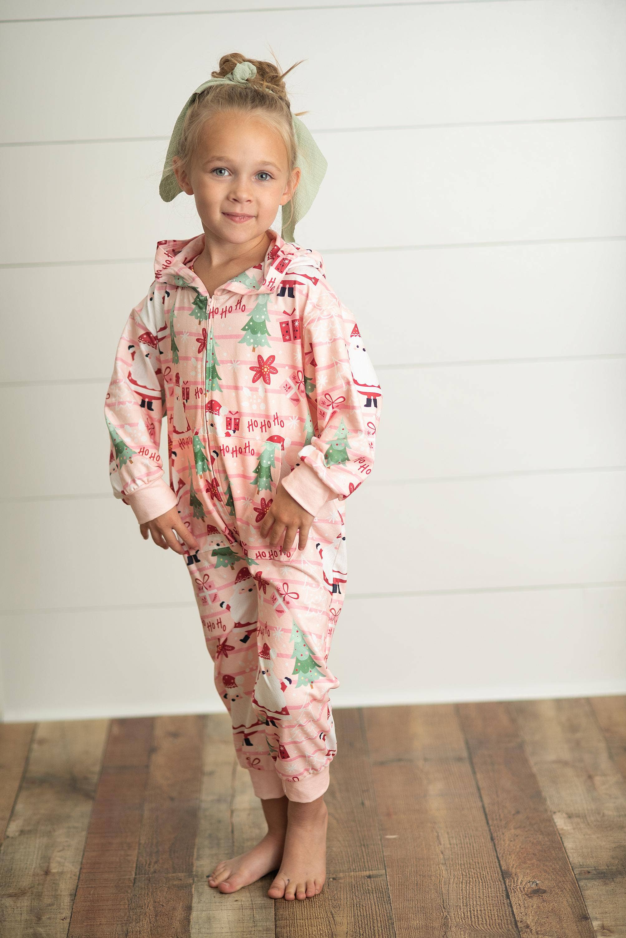 Kids Pink Santa Lounge Zip Hoodie Onesie with Critter Ears