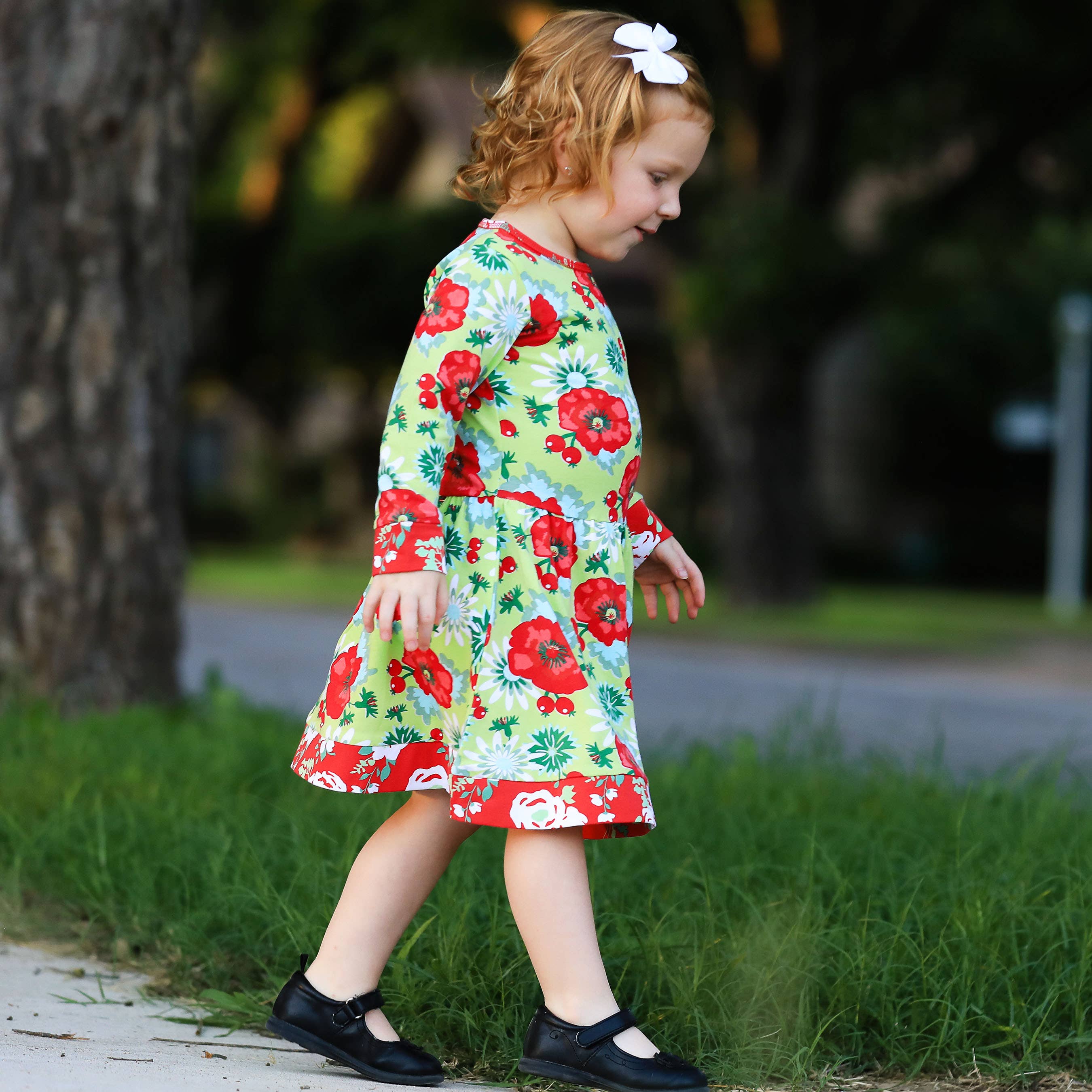 AnnLoren Girls Christmas Red Floral Cotton Holiday Dress