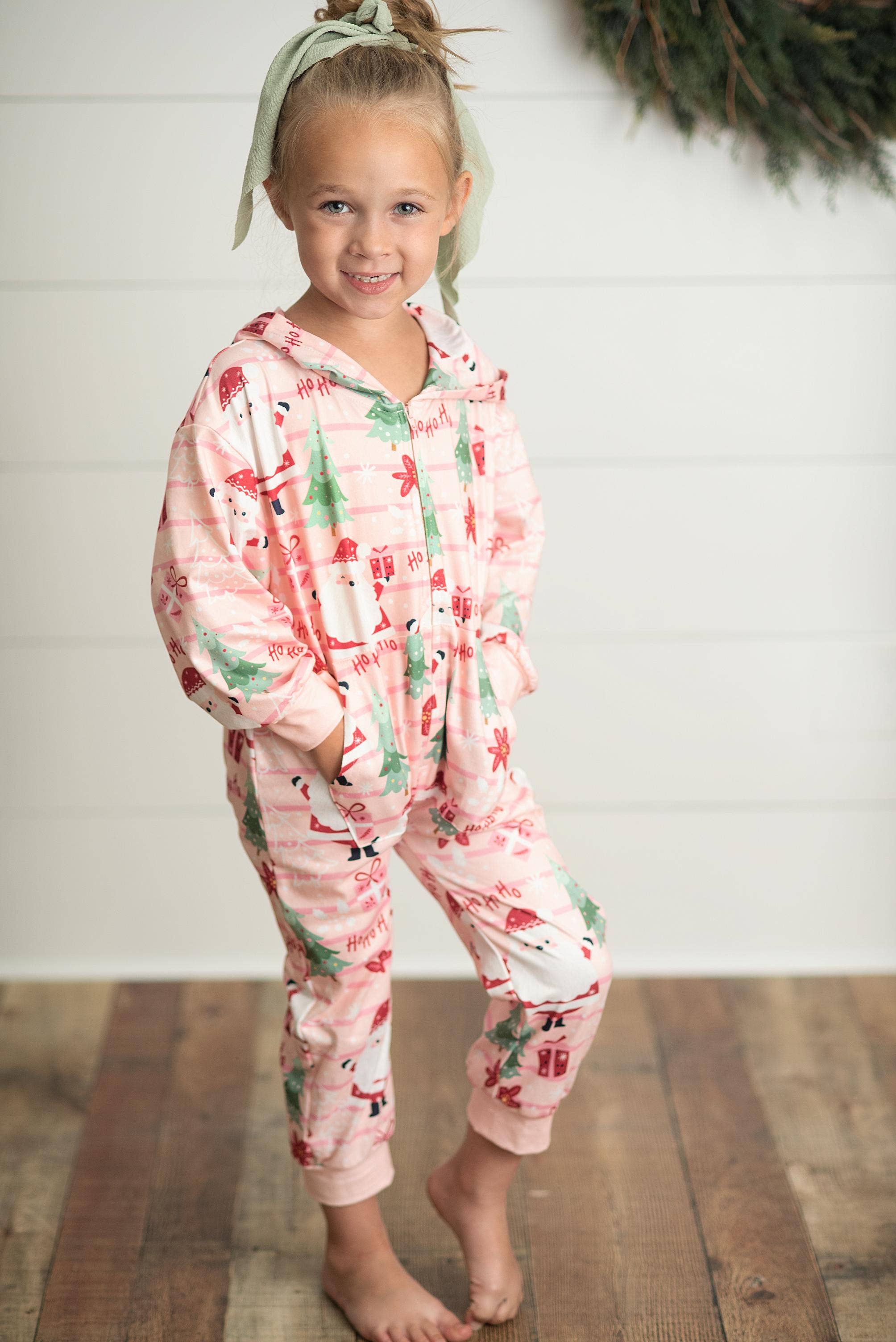 Kids Pink Santa Lounge Zip Hoodie Onesie with Critter Ears