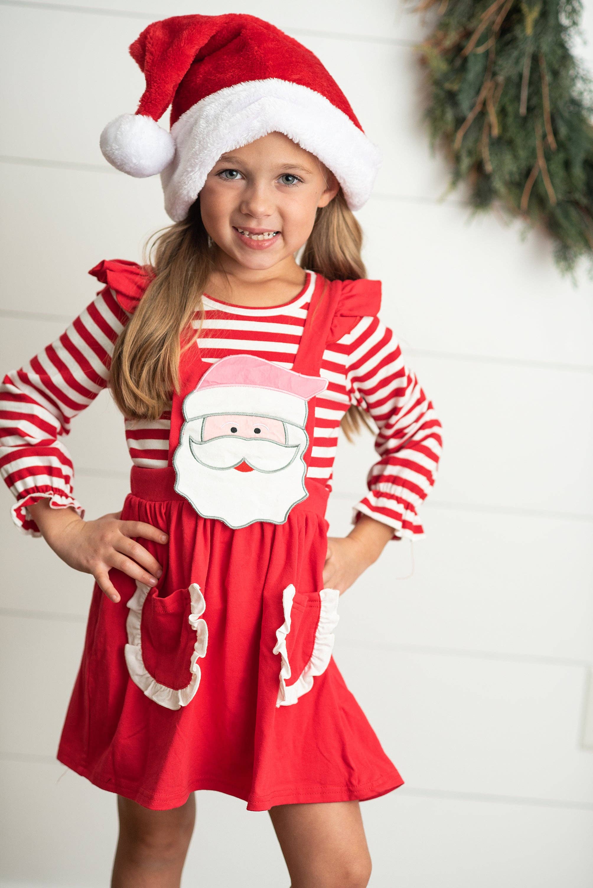 Kids Striped Santa Ruffle Pocket Pinafore Christmas Set