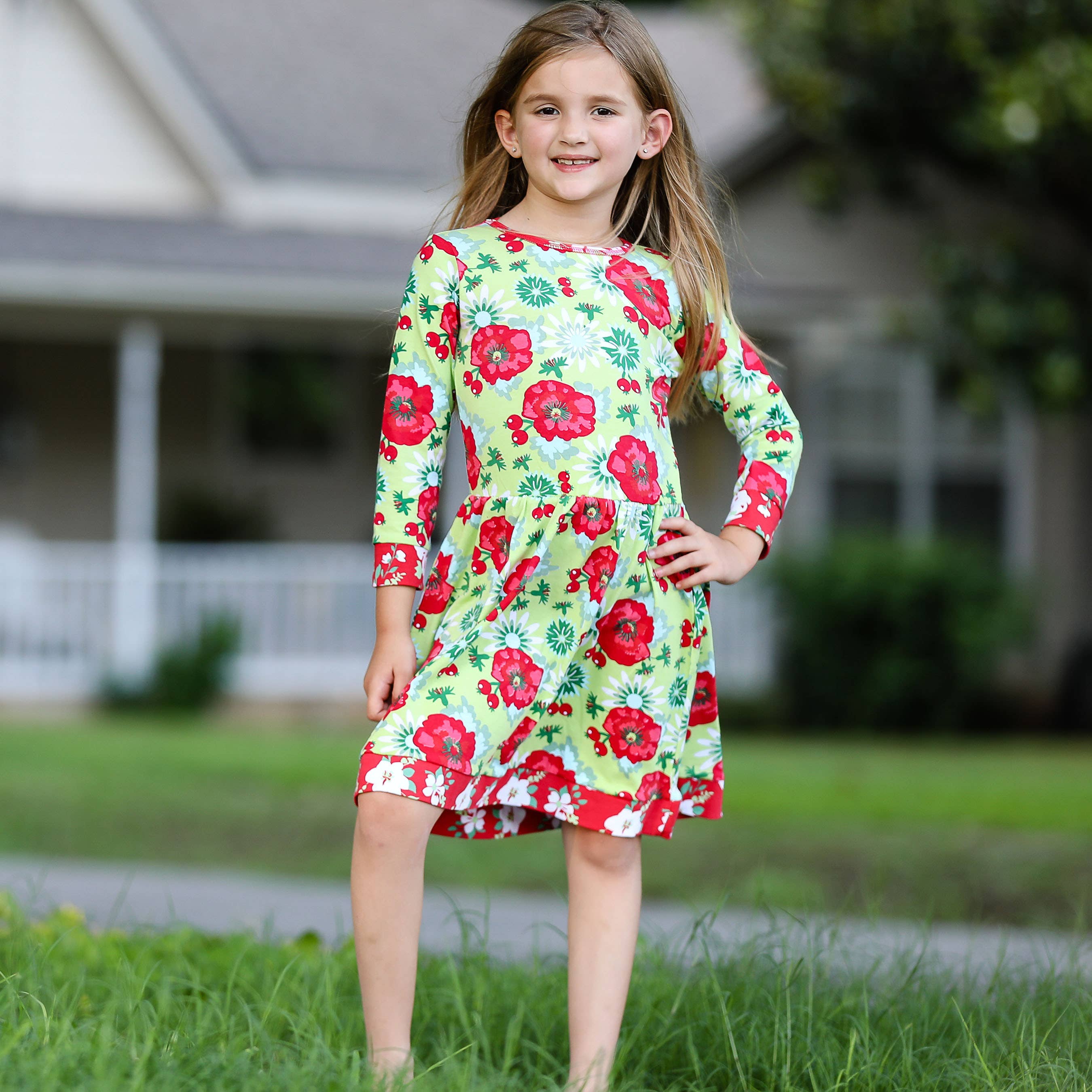 AnnLoren Girls Christmas Red Floral Cotton Holiday Dress