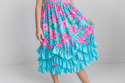 Pink Blue Tropical 3 Ruffle Spring Summer Easter Dress