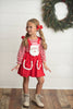 Girls two piece set includes red & white striped long sleeve ruffle shirt with Red ruffle pinafore jumper skirt. Ruffle pockets and large applique Santa on front make this the cutest Christmas Holiday set! 97% Cotton, 3% Spandex