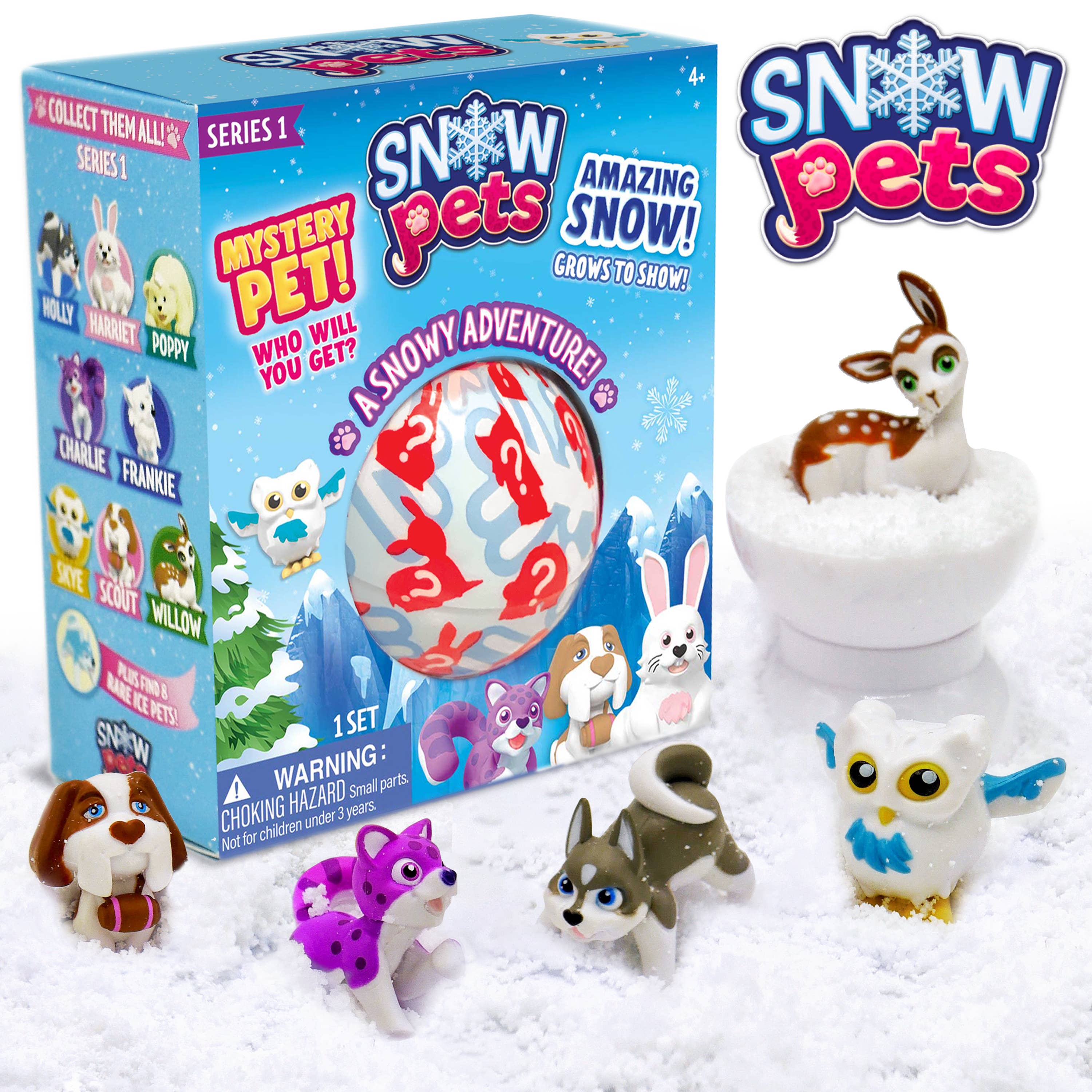 Who will you reveal? Pour water into the snowball to start an eruption of snow! Give your snowball a squeeze in the middle and the snowcap will pop off. Your snow pets will always have a snowy home. Collect all 9 surprise cute snowy pets and play with your friends. Meet Holly the husky, Poppy the polar bear, or Harriet the snow hare and many more!