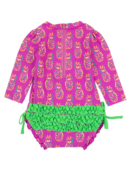 Neon Violet Pineapples Long Sleeve One Piece Rash Guard