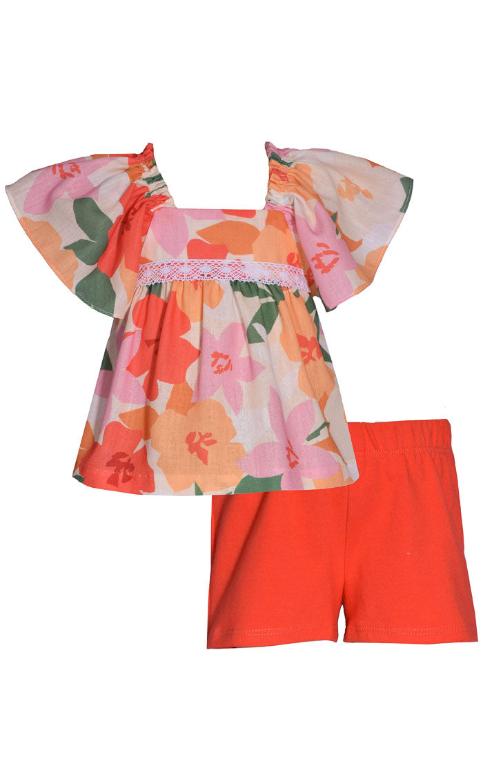 Orange Floral Bell Sleeve Short Set