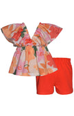 Orange Floral Bell Sleeve Short Set