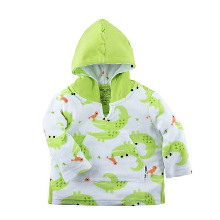 The cover-ups are long-sleeved, offer a roomy hood and front pocket with whimsical designs! With our super soft and absorbent terry cloth fabric, your baby will not only be protected from the sun but will remain snug and warm after swim time! Small - 0-12 months. Large - 12 -24 months.