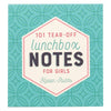 Share a nutritious snack and a simple truth from God's Word when you include a note from the encouraging 101 Lunchbox Notes For Girls in your daughter or granddaughter's lunchbox.  This bright teal notepad displays the title in a fun design within a creamy white hexagon outlined in pink. 101 Tear-Off Lunchbox Notes for Girls  Colorfully decorated and thoughtfully designed, each note features a motivating phrase, and many feature a corresponding Scripture verse. Your daughter, niece, or grandd