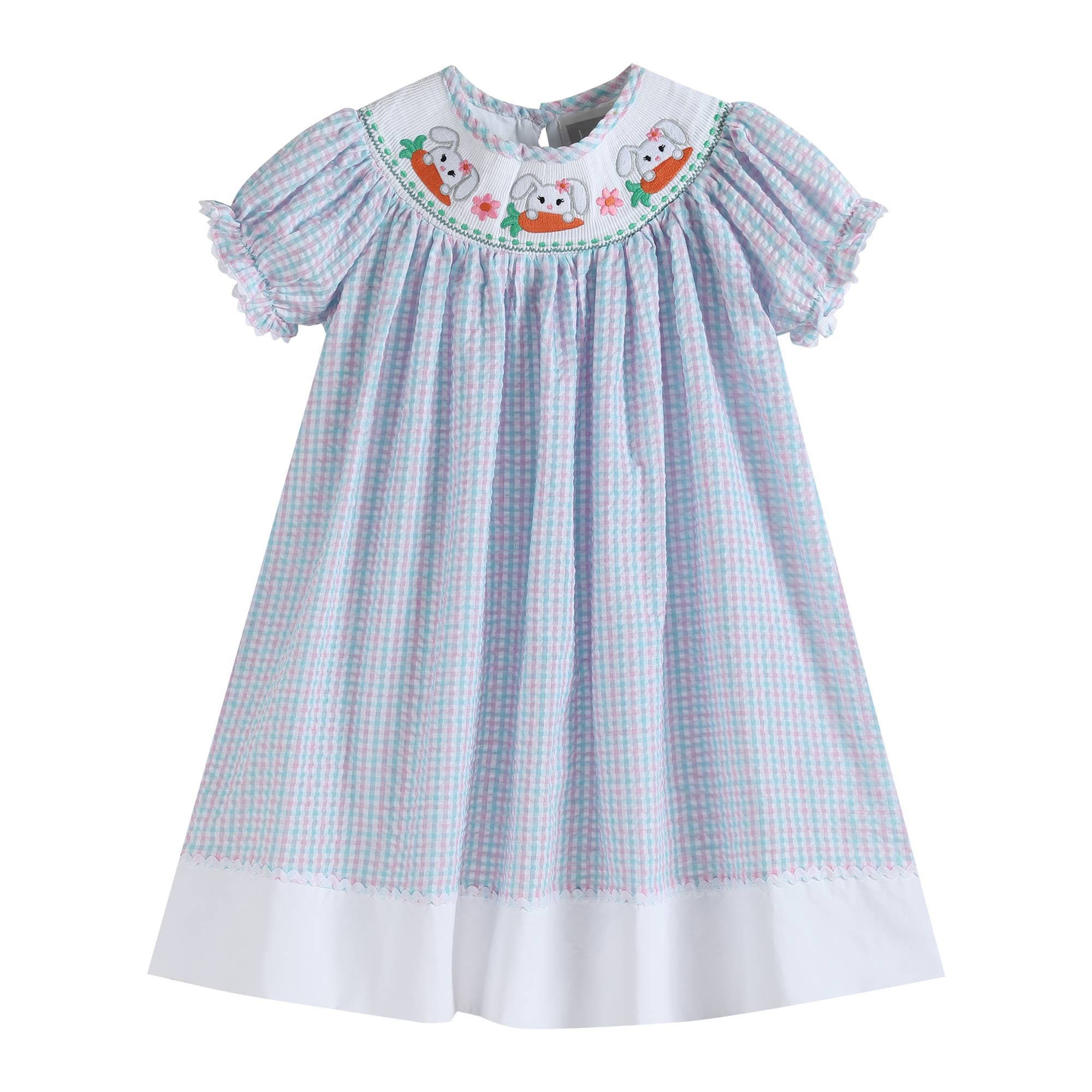 Pink and Blue Gingham Easter Bunny Smocked Bishop Dress