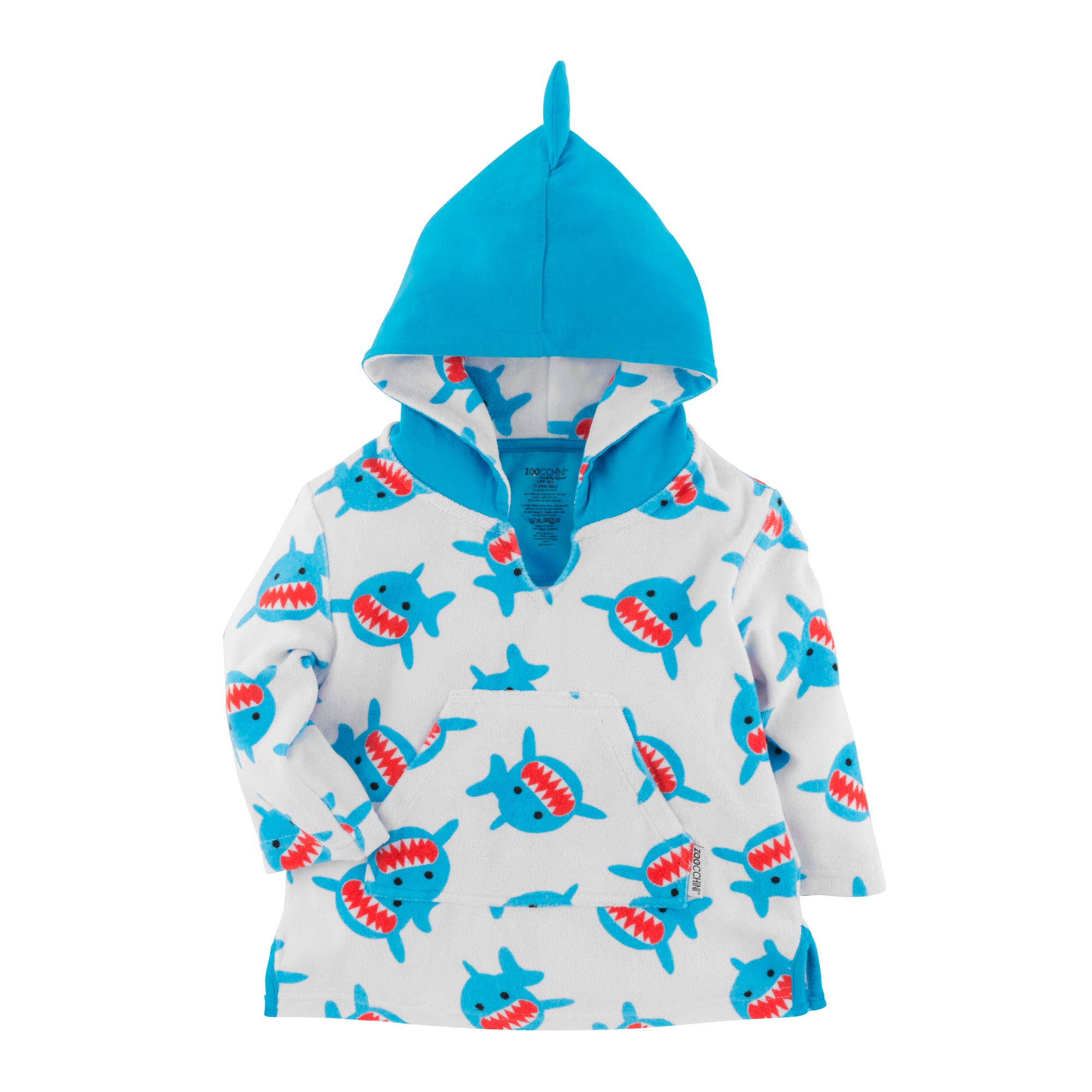 The cover-ups are long-sleeved, offer a roomy hood and front pocket with whimsical designs! With our super soft and absorbent terry cloth fabric, your baby will not only be protected from the sun but will remain snug and warm after swim time! Small - 0-12 months. Large - 12 -24 months.