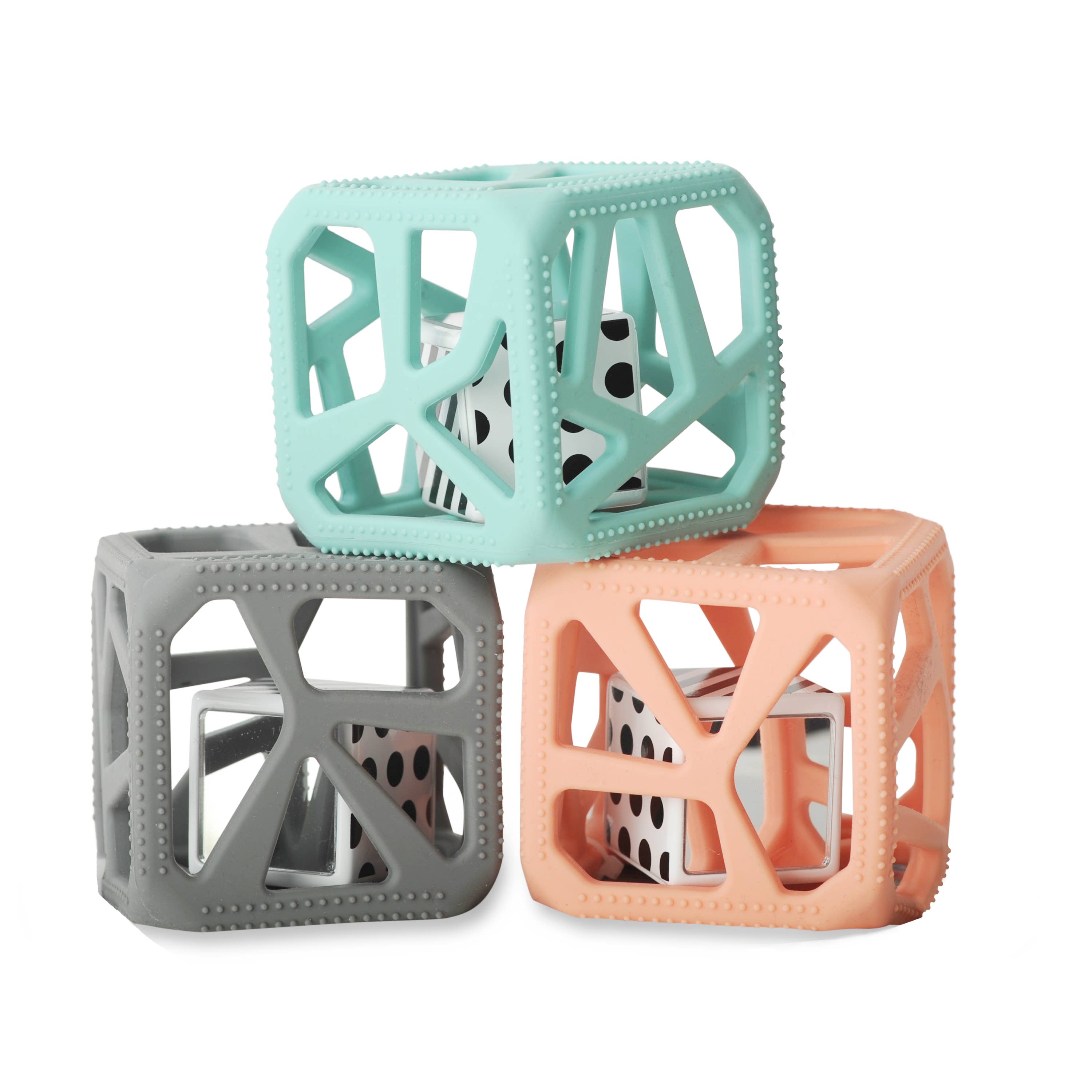 The Malarkey Kids Chew Cube is the mom-created modern rattle and teether. It provides four-way sensory stimulation, including soft, textured teething edges for tender gums; large flexible holes to help baby with gripping skills plus a black and white patterned rattle with mirrors to provide stimulation for baby's ears and eyes. One size.