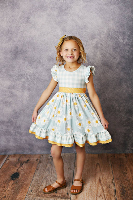 Kids Gingham Check Daisy Ruffle Twirl Spring Easter Dress