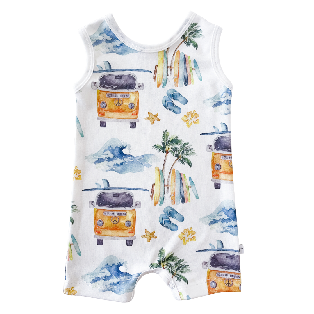 Organic Tank Romper- Surf, Beach VW Bus