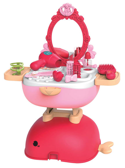 Playtime has never been so much fun with this duo playset - designed for the future chef or designer. Kitchen Counter & Dressing Table Combo Set in a Whale Carrying Case Features: Material: PP Plastic Packaging: Case & Printed Box Package Size: 13.5