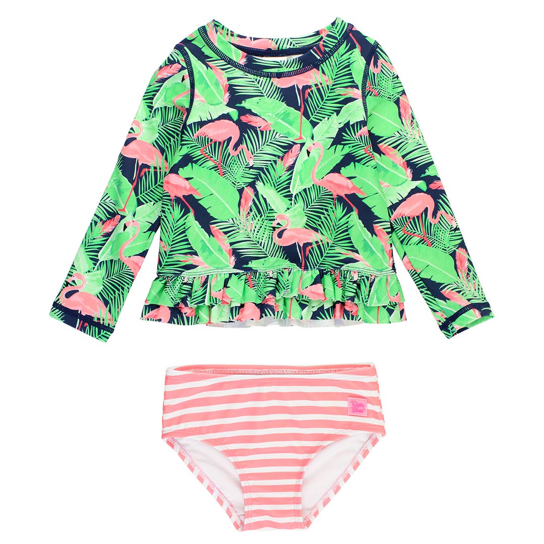 Flamingo Frenzy Ruffle Hem Rash Guard 2-piece